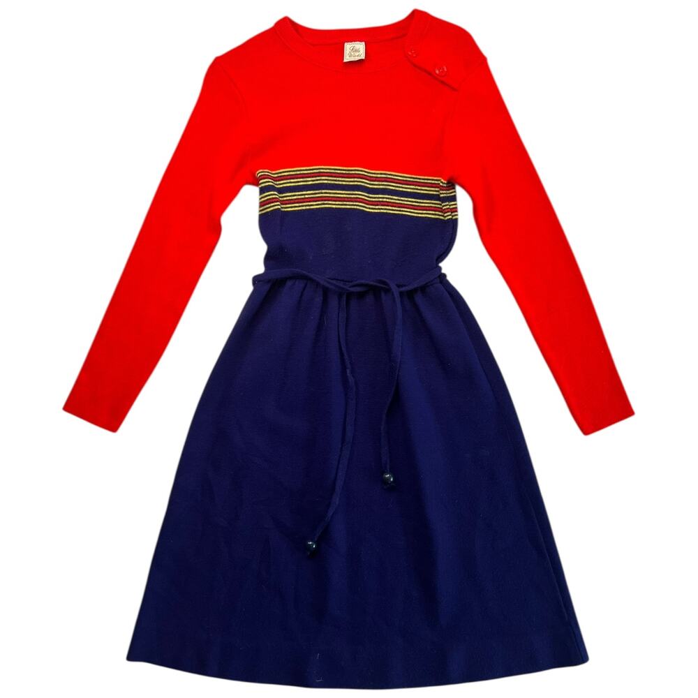 Vintage Little World Girls Size 10 Red Navy Striped Sweater Dress